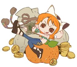 Rule 34 | 1girl, :3, bangle, bare shoulders, bikini, bikini top only, blue pants, bracelet, brown eyes, coin, denim, earrings, food, fruit, full body, gold coin, green bikini, hashtag-only commentary, highres, holding, holding map, jeans, jewelry, log pose, mandarin orange, map, money, money bag, nami (one piece), one piece, open mouth, orange hair, pants, pearl earrings, sandals, short hair, shoulder tattoo, siyangou49, solo, stomach, swimsuit, tattoo, white background