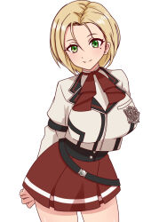 1girl arms_behind_back black_corset blonde_hair breasts closed_mouth commentary_request corset cowboy_shot genderswap genderswap_(mtf) green_eyes hair_between_eyes jacket large_breasts leaning_forward long_sleeves looking_at_viewer memejiban mole mole_under_eye mushoku_tensei ranoa_magic_academy_school_uniform red_skirt rudeus_greyrat school_uniform short_hair simple_background skirt smile solo white_background white_jacket