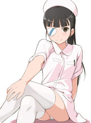 1girl alternate_costume black_hair blush brown_eyes cosplay crossed_legs eyepatch female_focus hand_on_own_knee hat long_hair nurse nurse_cap panties ponytail sakamoto_mio short_sleeves simple_background sitting smile solo strike_witches thighhighs underwear white_background white_thighhighs world_witches_series youkan