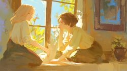 2boys black_footwear black_hair black_pants black_socks blonde_hair blue_eyes branch brown_eyes cat chengya_huanwo chinese_commentary commentary flower_pot forehead full_body indoors leaf lies_of_p long_hair looking_at_another looking_at_viewer looking_to_the_side male_focus multiple_boys painting_(object) pants parted_bangs petting pinocchio_(lies_of_p) plant potted_plant romeo_(lies_of_p) shirt short_hair sideways_glance three-quarter_sleeves socks sunlight white_cat white_shirt