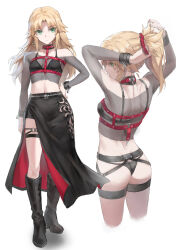 1girl arms_behind_head arms_up ass back black_bra black_shorts blonde_hair bra breasts butt_crack collarbone fate/apocrypha fate_(series) from_behind green_eyes hand_on_own_hip highres long_hair long_sleeves looking_to_the_side midriff mordred_(fate) mordred_(fate/apocrypha) navel parted_bangs ponytail profile red_scrunchie scrunchie shorts sidelocks small_breasts tonee tying_hair underwear