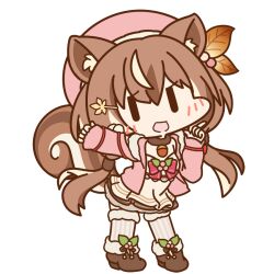 1girl :d acorn aka_shiba animal_ears ayunda_risu ayunda_risu_(1st_costume) beret boots bow bowtie brown_boots brown_hair chibi clenched_hand dress flat_color full_body fur-trimmed_boots fur_choker fur_trim hands_up hat hololive hololive_indonesia jacket looking_at_viewer official_art open_clothes open_jacket open_mouth pink_hat pink_jacket red_bow red_bowtie smile solo squirrel_ears squirrel_girl squirrel_tail tail transparent_background virtual_youtuber white_dress |_|