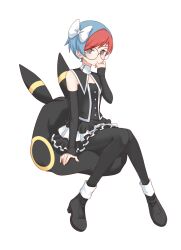 1girl absurdres bag bean_bag_chair black_pantyhose blush bow buttons chinese_commentary closed_mouth commentary_request cosplay detached_sleeves frills gen_2_pokemon glasses grey_eyes hand_up highres knees_together_feet_apart marley_(pokemon) marley_(pokemon)_(cosplay) multicolored_hair nintendo pantyhose penny_(pokemon) pokemon pokemon_dppt pokemon_sv round_eyewear short_hair sitting solo two-tone_hair umbreon very_short_hair white_bow zhen_xionggui