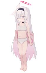 1girl absurdres bad_anatomy bad_feet barefoot black_choker black_hairband blue_archive blush bra choker collarbone dorusan_02 female_focus full_body grey_eyes hair_over_one_eye hairband halo highres loli long_hair navel open_mouth panties plana_(blue_archive) red_halo simple_background solo standing training_bra underwear underwear_only white_background white_bra white_hair white_panties