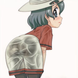 Rule 34 | 1girl, ass, bent over, black eyes, black hair, black panties, black pantyhose, blush, embarrassed, from behind, grey hat, grey shorts, hat, helmet, highres, kaban (kemono friends), kemono friends, looking at viewer, looking back, panties, pantyhose, pantyhose under shorts, pith helmet, red shirt, safari hat, see-through clothes, see-through shorts, shirt, short hair, short sleeves, shorts, standing, sweat, t jiroo (ringofriend), underwear, wet, wet clothes, wet shirt, wet shorts, white background