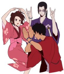 1girl 2boys arms_up black_hair blue_kimono bracelet brown_eyes brown_hair crossed_arms dark-skinned_male dark_skin earrings floral_print fuu_(samurai_champloo) glasses hair_ornament highres igusaharu japanese_clothes jewelry jinnosuke kimono long_hair mugen_(samurai_champloo) multiple_boys open_mouth pink_kimono ponytail red_kimono ribbon ribbon-trimmed_sash samurai_champloo sash simple_background single_earring white_background