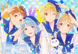 Rule 34 | 4boys, ahoge, blonde hair, blue bow, blue eyes, blue hair, blue hat, blue neckerchief, blue sailor collar, bow, brown eyes, brown hair, confetti, ensemble stars!, hair between eyes, hat, head tilt, iizuka haruko, looking at viewer, mashiro tomoya, medium hair, multiple boys, musical note, neckerchief, nito nazuna, official art, one eye closed, open mouth, sailor collar, sailor hat, salute, school uniform, shino hajime, short hair, smile, stuffed animal, stuffed rabbit, stuffed toy, tenma mitsuru, upper body, white hat