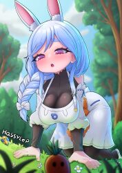 Rule 34 | 1girl, absurdres, all fours, animal ears, artist name, bare shoulders, black bodysuit, blue hair, blue sky, blurry, blurry background, blush, bodysuit, bow, braid, braided ponytail, breasts, clothing cutout, cloud, day, detached sleeves, dot nose, dress, eyelashes, female focus, fingernails, from below, full body, hair bow, hanging breasts, hassylep, highres, hololive, huge breasts, long hair, looking at viewer, looking down, low ponytail, mature female, multicolored hair, open mouth, outdoors, pekomama, ponytail, rabbit ears, rabbit girl, red eyes, shoulder cutout, sky, sleeveless, sleeveless dress, slippers, solo, surprised, teeth, thick eyebrows, two-tone hair, upper teeth only, virtual youtuber, white bow, white dress, white hair, white sleeves, white slippers