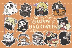 6+boys 6+girls :&lt; :d alternate_costume bandages black_cloak black_dress black_eyes blonde_hair blue_eyes book bow brown_eyes brown_hair chibi cloak demon_wings dieci_association_south_uniform disembodied_head don_quixote_(project_moon) dress faust_(project_moon) fins fish_tail freckles full_body ghost_costume glasses green_eyes gregor_(project_moon) grey_hat hair_bow halloween_costume happy_halloween hat head_fins heathcliff_(project_moon) heterochromia highres holding holding_book hong_lu_(project_moon) ishmael_(project_moon) japanese_clothes jiangshi kimono kitsune kojocho05 kyuubi limbus_company long_hair looking_at_viewer meursault_(project_moon) miko multiple_boys multiple_girls multiple_tails mummy_costume object_through_head ofuda open_mouth orange_background orange_hair outis_(project_moon) project_moon pumpkin red_cloak red_eyes red_hat ribbon-trimmed_sleeves ribbon_trim rodion_(project_moon) ryoshu_(project_moon) screw_in_head sharp_teeth short_hair simple_background sinclair_(project_moon) smile standing tail teeth vampire werewolf white_bow white_hair white_kimono wings yellow_eyes yi_sang_(project_moon)