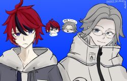 2boys ahoge aotsuki_eito black_hair blue_background blue_eyes chibi closed_mouth glasses japanese_text messy_hair multiple_boys parted_hair red_hair simple_background sumino_takumi the_hundred_line_-last_defense_academy- translation_request upper_body white_hair