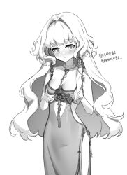 1girl :&lt; absurdres blush breasts dress ekah96 grabbing_own_breast hair_tubes highleg highleg_dress highres jitome long_hair mabinogi monochrome rowan_(mabinogi) side_slit single_hair_tube small_breasts