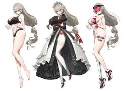 1girl absurdres alexandrina_sebastiane alternate_costume bare_arms bare_legs black_bra black_dress black_footwear black_gloves black_panties blush bra breasts brown_hair cleavage closed_mouth commentary dress frilled_dress frills full_body gloves hair_between_eyes highres juliet_sleeves large_breasts leotard long_hair long_sleeves maid maid_headdress multicolored_leotard multiple_views panties pantyhose partially_fingerless_gloves puffy_sleeves red_eyes shoes side_slit simple_background smile sneakers sticker_on_arm sticker_on_leg thighs underwear very_long_hair visor_cap white_background white_headdress white_pantyhose wonbin_lee zenless_zone_zero