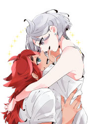 Rule 34 | 2girls, absurdres, aqua eyes, arms around neck, bare arms, blush, commentary request, couple, earrings, eye contact, finger in another&#039;s mouth, green eyes, grey eyes, gundam, gundam suisei no majo, highres, hug, jewelry, kusattatofu, long hair, looking at another, miorine rembran, multiple girls, one eye closed, parted lips, red hair, ring, shirt, short hair, short sleeves, simple background, smile, sparkle, stud earrings, suletta mercury, tank top, thick eyebrows, wedding ring, white background, white hair, white shirt, white tank top, wife and wife, yuri