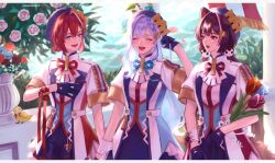 Rule 34 | 3girls, :d, \||/, ^ ^, absurdres, animal ears, animal hair ornament, beret, bird, blue eyes, blue flower, blue gloves, blue hair, blue hat, blue ribbon, blue rose, blue shorts, blue skirt, blue tulip, braid, breasts, brown hair, brown tail, closed eyes, colored lapels, commentary request, crown hat ornament, dog ears, dog girl, dog tail, eyelashes, fangs, flower, gloves, hair between eyes, hair ornament, hand in own hair, hand on own chest, hand up, hat, heterochromia, highres, holding, holding flower, idol clothes, inui toko, jacket, light blush, lips, lize helesta, long hair, looking at another, looking to the side, low twin braids, multicolored hair, multiple girls, neck ribbon, nijisanji, open mouth, orange flower, orange tulip, outdoors, pink flower, pink rose, pink tulip, purple flower, purple ribbon, red eyes, red flower, red hair, red ribbon, red rose, red tulip, ribbon, rose, sanbaka (nijisanji), sanbaka anniversary outfit, sebastian piyodore, short hair, short sleeves, shorts, side-by-side, single ear down, single hair intake, single sidelock, single wrist cuff, skirt, small breasts, smile, streaked hair, tail, tassel, teeth, triangle hair ornament, tulip, turning head, twin braids, twitter username, two-tone hair, upper teeth only, usasuzu, very long hair, virtual youtuber, white hair, white jacket, white wrist cuffs, wrist cuffs, wrist ribbon, yellow bird, yellow eyes