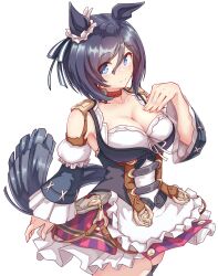 1girl absurdres animal_ears black_hair blue_eyes bob_cut breasts choker cleavage detached_sleeves ear_scrunchie eishin_flash_(umamusume) flova11 hair_between_eyes hand_on_own_chest highres horse_ears horse_girl horse_tail large_breasts long_sleeves looking_at_viewer medium_hair red_choker scrunchie short_hair simple_background skirt solo striped_clothes striped_skirt swept_bangs tail umamusume vertical-striped_clothes vertical-striped_skirt white_background white_scrunchie
