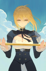 1girl absurdres artoria_pendragon_(fate) blonde_hair blue_dress blue_sky braid braided_bun breasts cleavage closed_mouth dress fate/grand_order fate_(series) green_eyes hair_bun highres holding large_breasts oro_(lsg0624) outdoors saber_(fate) sky solo