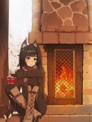 1girl :/ absurdres animal_ears arm_on_knee black_coat black_hair black_pants boots brown_eyes cat_ears cat_girl coat commentary commission crossed_ankles cup fingerless_gloves fire fireplace gloves highres knee_boots lace-up_boots long_hair looking_at_viewer mug notfuji original pants pillar raised_eyebrows red_mug red_scarf scarf sitting solo