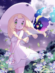 1girl :d :o artist_name blonde_hair blue_sailor_collar blush_stickers braid cloud cloudy_sky cosmog cowboy_shot dress flower full_moon gen_7_pokemon green_eyes hat highres leaf legendary_pokemon lillie_(pokemon) long_hair looking_at_viewer moon moonlight nature night nintendo open_mouth outdoors plant pokemon pokemon_sm sailor_collar sky smile standing sun_hat twintails wanbanpan white_dress white_hat