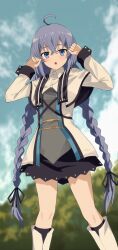 1girl :o absurdres ahoge black_skirt blue_eyes blue_hair boots braid capelet cloud cloudy_sky crossed_bangs feet_out_of_frame geez grey_shirt hair_between_eyes highres jacket knee_boots light_blush long_braid long_hair long_sleeves looking_at_viewer miniskirt mushoku_tensei outdoors roxy_migurdia shirt skirt sky solo standing twin_braids very_long_hair white_boots white_capelet white_jacket