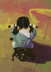 1girl black_hair child facing_away from_above from_behind highres original painting_(medium) riding_tricycle short_twintails sitting slow_d solo traditional_media tricycle twintails