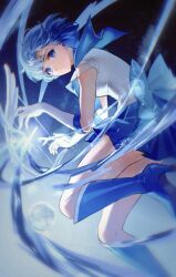 1girl absurdres back_bow bishoujo_senshi_sailor_moon blue_background blue_boots blue_bow blue_choker blue_eyes blue_hair blue_sailor_collar blue_skirt blue_theme boots bow choker eclosion elbow_gloves gloves harp highres hydrokinesis instrument knee_boots looking_at_viewer looking_back magical_girl mercury_harp mizuno_ami pleated_skirt sailor_collar sailor_mercury sailor_senshi_uniform short_hair skirt solo super_sailor_mercury water white_gloves