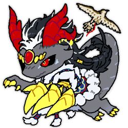 animal bird black_hair black_sclera blue_coat braid chibi coat colored_sclera dragon dragon_village_(series) dragon_village_collection falconry fur-trimmed_coat fur_trim gem head_chain highres horn_ornament horns jaggy_lines jewelry long_hair moonnelno no_humans red_eyes red_gemstone simple_background vaska_(dragon_village) vaska_(lord_of_grassland)_(dragon_village) white_background