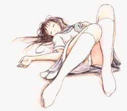 Rule 34 | 1girl, absurdres, ass, bbmasa, blue sailor collar, blue skirt, closed eyes, closed mouth, commentary request, crotch seam, full body, gradient background, green neckerchief, grey background, hibike! euphonium, highres, kitauji high school uniform, kneehighs, knees up, liz to aoi tori, long hair, neckerchief, panties, pantyshot, purple hair, sailor collar, school uniform, serafuku, shirt, short sleeves, skirt, sleeping, socks, solo, summer uniform, thighs, traditional media, underwear, white panties, white shirt, white socks, yoroizuka mizore