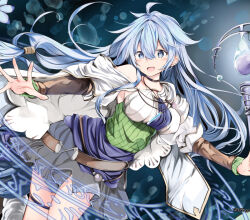 1girl ahoge aqua_eyes aqua_hair blush breasts cape card_game duel_monster eria_the_water_channeler grey_skirt holding holding_scepter kuromiko_shoujo large_breasts long_hair long_sleeves looking_at_viewer low-tied_long_hair magic_circle necktie open_mouth pleated_skirt scepter skirt smile solo standing standing_on_magic_circle thigh_strap trading_card very_long_hair white_cape yu-gi-oh!