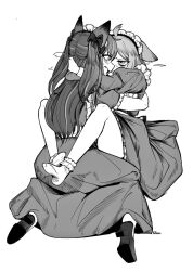 Rule 34 | 2girls, ahoge, akoya matama, anemo nemo, animal ears, apron, arm around neck, arm around waist, artist name, blush, cat ears, dog ears, dress, fang, frilled socks, frills, from behind, full body, greyscale, guagua977, hair ribbon, high heels, hug, kneehighs, leg lock, long hair, looking at another, looking at viewer, mahou shoujo ni akogarete, maid, maid apron, maid headdress, monochrome, multiple girls, open mouth, ribbon, simple background, socks, white background, yuri
