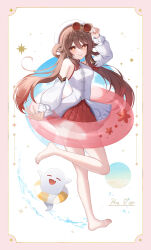 Rule 34 | 1girl, :p, absurdres, adjusting eyewear, barefoot, blush, breasts, brown hair, character name, closed mouth, commentary request, eyewear on head, fingernails, flower-shaped pupils, from side, full body, genshin impact, gradient hair, hair between eyes, hand up, hat, highres, hu tao (cherries snow-laden) (genshin impact), hu tao (genshin impact), leg up, long hair, looking at viewer, medium breasts, multicolored hair, nail polish, official alternate costume, red-tinted eyewear, red eyes, red hair, red innertube, red nails, solo, standing, standing on one leg, symbol-shaped pupils, tinted eyewear, tongue, tongue out, twintails, very long hair, white hat, yellow-framed eyewear, yukiunag1