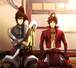 2boys lowres maeda_keiji maeda_keiji_(sengoku_basara) male_focus monkey multiple_boys sanada_yukimura_(sengoku_basara) sengoku_basara sitting yumekichi