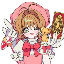 1girl brown_hair card cardcaptor_sakura dress gloves green_eyes hat highres holding holding_card holding_wand kero_(cardcaptor_sakura) kinomoto_sakura kinomoto_sakura_(magician) medium_hair one_eye_closed open_mouth pink_dress pink_hat puffy_short_sleeves puffy_sleeves shirt short_sleeves simple_background smile solo wand white_background white_gloves white_shirt yalmyu