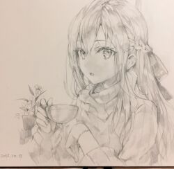 1girl bracelet braid commentary_request cup dated earrings flower_earrings graphite_(medium) greyscale hair_ribbon highres holding holding_cup jewelry long_hair looking_at_viewer momoko_(momopoco) monochrome open_mouth original ribbed_sweater ribbon sketch solo sweater traditional_media turtleneck turtleneck_sweater