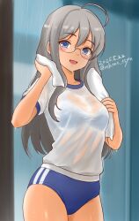 1girl ahoge blue_bra blue_buruma blue_eyes bra breasts buruma cowboy_shot dated glasses grey_hair gym_shirt gym_storeroom gym_uniform heywood_l._edwards_(kancolle) highres kantai_collection long_hair looking_at_viewer medium_breasts rain shirt solo tasogare_yanio towel towel_around_neck twitter_username underwear wet wet_clothes