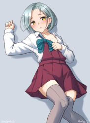 1girl aqua_bow aqua_bowtie blue_bow blue_bowtie bow bowtie breasts dress forehead grey_background grey_hair grey_thighhighs halter_dress halterneck kantai_collection long_sleeves looking_at_viewer lying mole mole_on_neck open_clothes open_shirt pleated_dress purple_dress ray.s shirt short_hair solo tamanami_(kancolle) thighhighs twitter_username white_shirt yellow_eyes