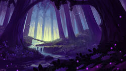 bug butterfly commission fireflies flower forest grass highres insect landscape light_particles magic nature no_humans original painterly plant purple_flower purple_theme river rock scenery tree water waterfall wopgnop