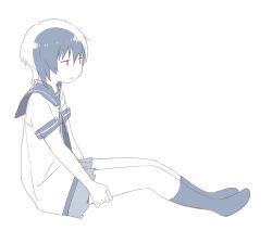 1girl :/ backlighting blue_theme closed_mouth dress expressionless female_focus from_side full_body funami_yui hair_between_eyes jitome jpeg_artifacts kneehighs looking_away monochrome nanamori_school_uniform no_nose no_shoes nse pleated_dress sailor_collar school_uniform serafuku short_hair short_sleeves simple_background sitting sleeve_cuffs socks solo t_t white_background yuruyuri