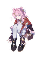 Rule 34 | 1girl, ?, absurdres, bell, black gloves, black shoes, blue eyes, check commentary, commentary request, fingerless gloves, gloves, hair bell, hair ornament, highres, honkai: star rail, honkai (series), jingle bell, knees up, long sleeves, looking at viewer, march 7th (honkai: star rail), march 7th (hunt) (honkai: star rail), maruku1631618, medium hair, official alternate costume, pink hair, shoes, shuangyaji, simple background, solo, spoken question mark, thighhighs, white background, white thighhighs