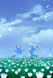 1girl animal_ears azumarill blue_dress blue_hair blue_sky cloud cloudy_sky colored_skin creatures_(company) crescent crescent_print day dress field flower flower_field forgotten_artist frilled_dress frilled_sleeves frills game_freak gen_2_pokemon hand_on_own_hip jumping kine light_particles mallet moon nintendo pokemon pokemon_(creature) puffy_short_sleeves puffy_sleeves rabbit_ears red_eyes seiran_(touhou) short_sleeves sky star_(symbol) star_print touhou white_flower white_skin