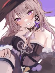1girl bare_shoulders breasts brown_hair cleavage detached_sleeves hat herta_(honkai:_star_rail) highres hisui_(xztw) honkai:_star_rail honkai_(series) long_hair looking_at_viewer purple_eyes simple_background smile solo the_herta_(honkai:_star_rail) white_background witch witch_hat