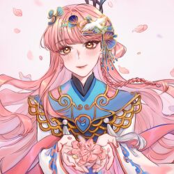 1girl bird bird_hair_ornament black_hanfu blue_collar blunt_bangs braid brown_eyes cherry_blossoms chinese_clothes chinese_commentary closed_mouth collar commentary_request crane_(animal) eyelashes eyeshadow falling_petals flower frilled_sleeves frills hair_bun hair_ornament hanfu happy highres holding holding_flower light_blush lipstick long_hair long_sleeves makeup mandarin_collar nail_polish nikki_(nikki) nikki_(series) petals pink_background pink_flower pink_hair pink_nails pink_shawl red_eyeshadow red_lips second-party_source shawl side_braid single_braid single_hair_bun siwu5 smile solo tassel upper_body very_long_hair white_sleeves wide_sleeves yunjian