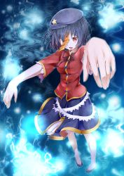 1girl absurdres beret black_hair black_ribbon black_skirt chinese_clothes commentary_request female_focus foreshortening full_body hat highres jiangshi looking_at_viewer miyako_yoshika neck_ribbon ninnzinn ofuda outstretched_arms pale_skin red_eyes red_shirt ribbon shirt short_hair skirt solo star_(symbol) tongue tongue_out touhou zombie_pose
