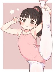 1girl armpits black_eyes black_hair closed_mouth covered_erect_nipples flexible leg_grab leg_lift leg_up leotard loli looking_at_viewer onyhakase original ponytail smile solo split standing standing_on_one_leg standing_split v
