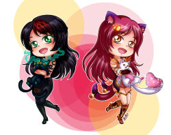 Rule 34 | 2girls, :d, ailen tailes, alternate hair color, animal, animal ears, black cat, black hair, blush, boots, braid, cat, cat ears, cat tail, chibi, eldarya, gloves, green eyes, hair ornament, heart, holding, holding animal, holding cat, kamoen, knee boots, long hair, looking at viewer, mien, multicolored hair, multiple girls, multiple tails, nekomata, open mouth, pants, red hair, signature, smile, tail, two tails, white cat, yellow eyes
