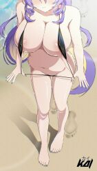 1girl alternate_costume arms_at_sides artist_name bare_arms bare_hips bare_legs bare_shoulders barefoot beach bilingual_text black_slingshot_swimsuit blonde_hair breasts cleavage closed_mouth collarbone colored_inner_hair commentary commission covered_erect_nipples day drill_hair drill_sidelocks english_commentary english_text eyes_out_of_frame fingernails footprints from_above gradient_hair grey_nails groin head_out_of_frame highres hololive hololive_indonesia kaiyen large_breasts legs long_hair mixed-language_text moona_hoshinova multicolored_hair navel outdoors purple_hair sand sideboob sidelighting sidelocks slingshot_swimsuit solo stomach swimsuit swimsuit_tug thighs toenails toes two-tone_hair very_long_hair virtual_youtuber
