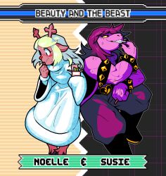 2girls acenth armlet blush bracelet brown_hair buckle character_name colored_skin colored_teeth deer_girl deltarune eating freckles furry furry_female heart heart-shaped_buckle hooves jewelry long_hair multiple_girls muscular muscular_female noelle_holiday pink_skin reindeer_girl reptile_girl robe sharp_teeth smile spiked_armlet spiked_bracelet spikes standing susie_(deltarune) sweat teeth white_robe wide_sleeves