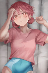 1girl ao_no_hako blue_leotard brown_eyes brown_hair chouno_hina covered_navel cowboy_shot flame_print hair_rings highres leotard leotard_under_clothes multicolored_leotard pink_shirt shirt short_hair solo t-shirt void_(k-t-m-777) w_arms