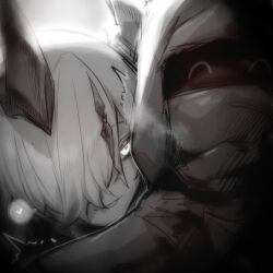 1girl 1other chinese_commentary commentary_request doctor_(arknights) greyscale hair_over_one_eye highres kupa_(jesterwii) monochrome necrass_(arknights) paid_reward_available speech_bubble