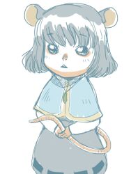 Rule 34 | 1girl, animal ears, black eyes, blue capelet, capelet, commentary request, cowboy shot, grey hair, grey skirt, holding own tail, long sleeves, looking at viewer, mouse ears, mouse girl, mouse tail, nazrin, onikobe rin, open mouth, shirt, short hair, simple background, skirt, solo, tail, touhou, triangle mouth, white background, white shirt