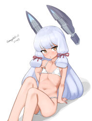 1girl absurdres bikini blunt_bangs blunt_tresses brown_eyes dated feet_out_of_frame flat_chest floating_headgear grey_hair hair_ribbon headgear highres kantai_collection maru_(marg0613) murakumo_(kancolle) ribbon simple_background solo swimsuit tress_ribbon twitter_username white_background white_bikini